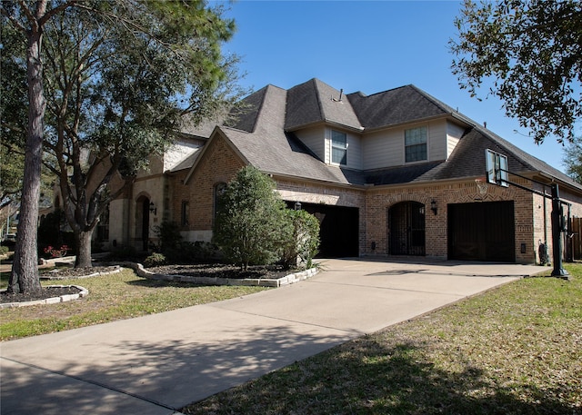 view of front of house with concrete driveway, an attached garage, brick siding, and a shingled roof