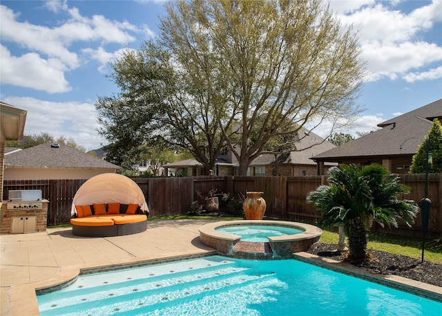 view of pool featuring a patio area, area for grilling, a fenced backyard, and a pool with connected hot tub