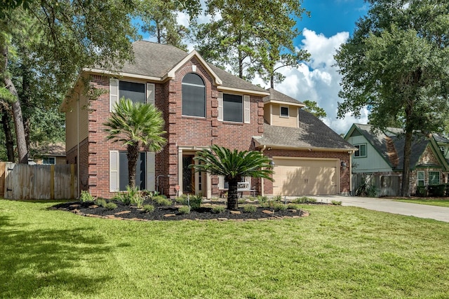 view of front facade featuring brick siding, driveway, a front lawn, and fence