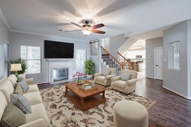 living room featuring a glass covered fireplace, stairway, plenty of natural light, and wood finished floors