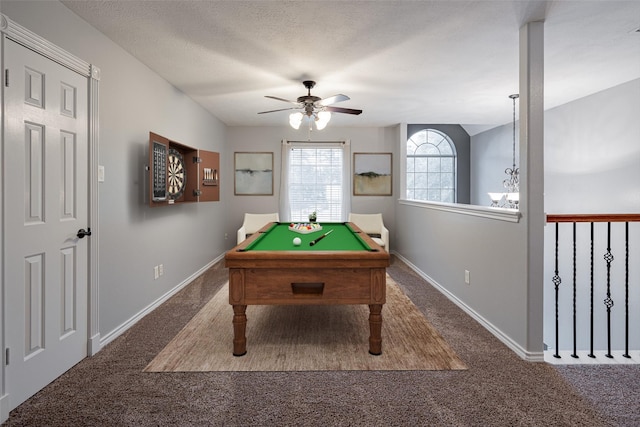 recreation room with billiards, baseboards, and carpet floors