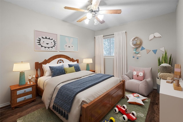 bedroom with ceiling fan and wood finished floors