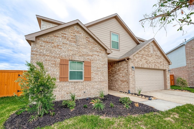 view of front of home featuring a garage, fence, brick siding, and driveway