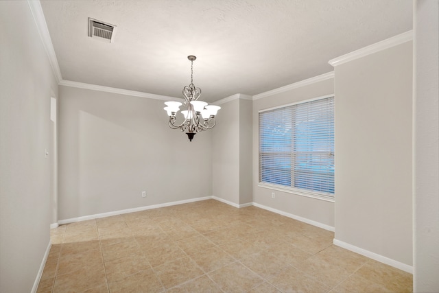 unfurnished room with a notable chandelier, visible vents, baseboards, and ornamental molding