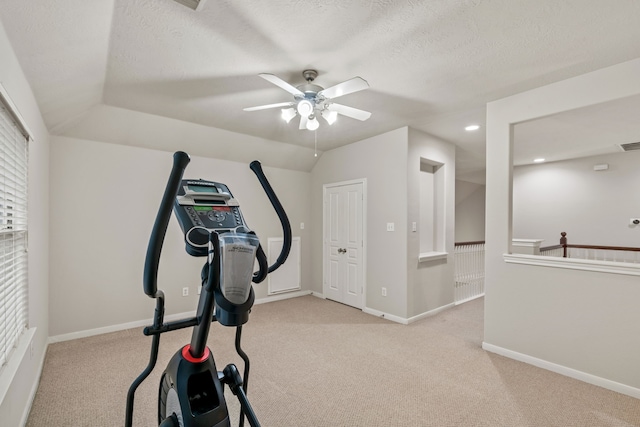 exercise area featuring a textured ceiling, carpet, and baseboards