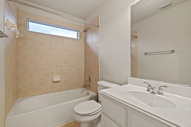 full bath featuring vanity, toilet, visible vents, and shower / washtub combination