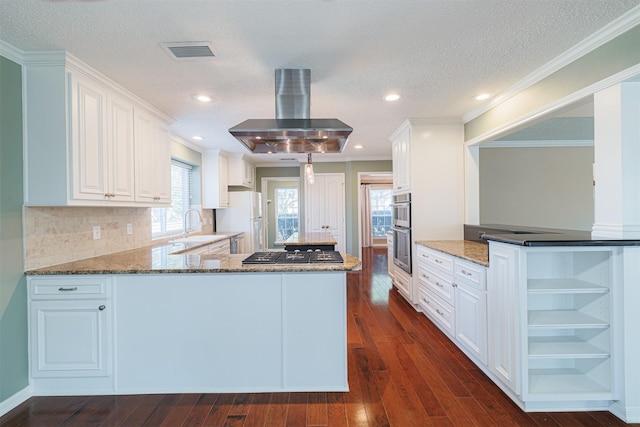 kitchen with visible vents, dark wood-type flooring, island exhaust hood, stainless steel appliances, and a peninsula