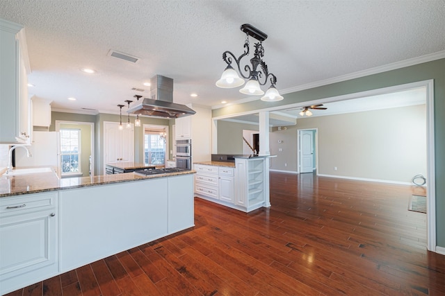 kitchen featuring ventilation hood, white cabinetry, dark wood finished floors, and a sink