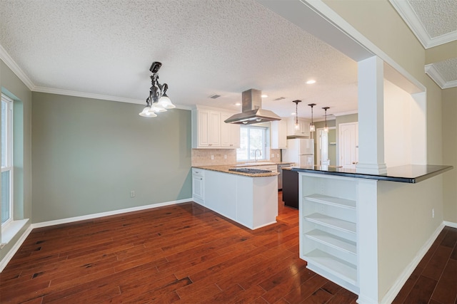 kitchen with island exhaust hood, open shelves, a peninsula, white cabinets, and dark wood-style flooring