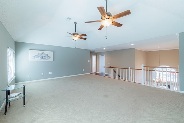 carpeted empty room with recessed lighting, visible vents, baseboards, and high vaulted ceiling