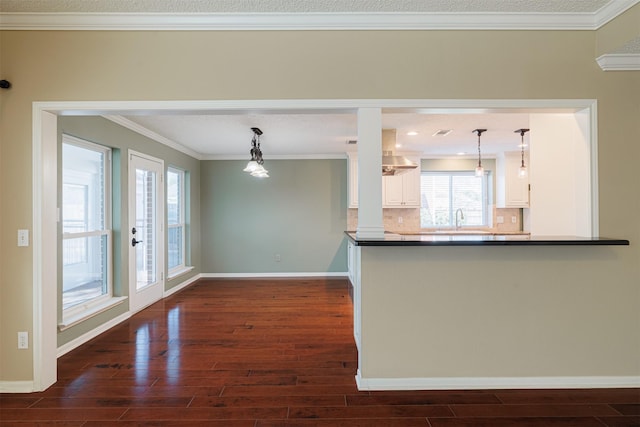 kitchen featuring baseboards, dark wood-style flooring, ornamental molding, decorative backsplash, and white cabinetry