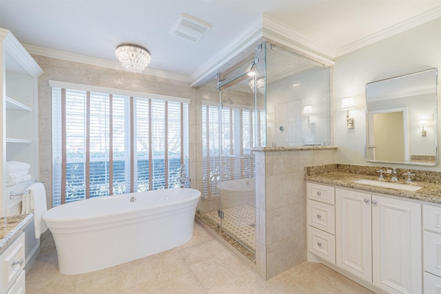 bathroom with visible vents, a stall shower, vanity, and ornamental molding