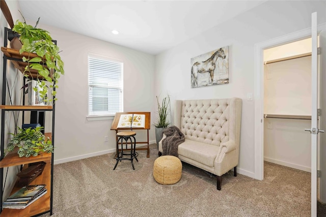 sitting room featuring recessed lighting, baseboards, and carpet