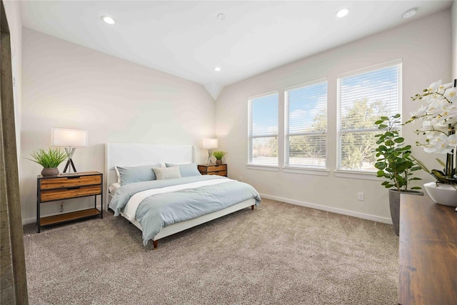 bedroom with recessed lighting, baseboards, and carpet