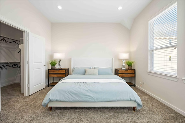 bedroom with recessed lighting, baseboards, carpet, and lofted ceiling