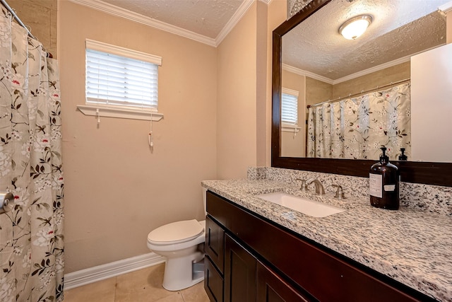 full bath featuring toilet, ornamental molding, a textured ceiling, tile patterned flooring, and vanity