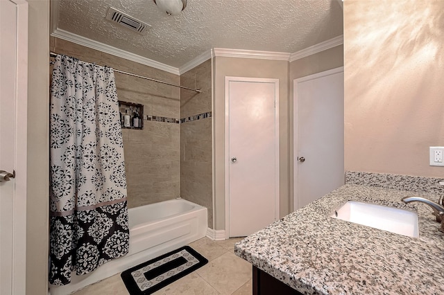 full bath with tile patterned floors, visible vents, ornamental molding, a textured ceiling, and shower / bath combination with curtain