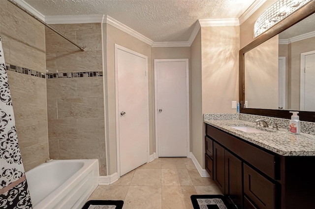 full bathroom with a textured ceiling, vanity, crown molding, and shower / bath combo