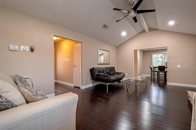 living room with dark wood-type flooring, lofted ceiling with beams, baseboards, and visible vents