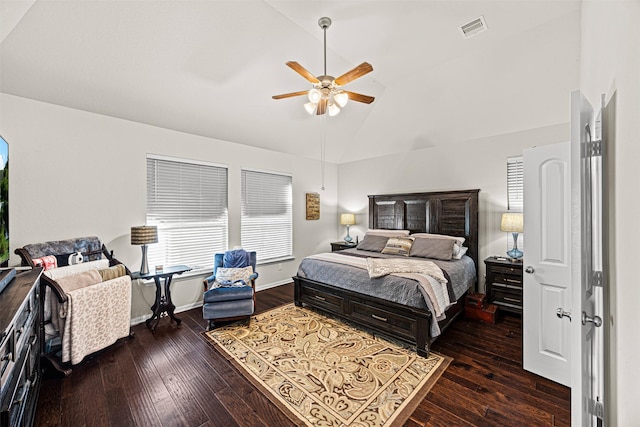 bedroom with hardwood / wood-style floors, baseboards, visible vents, ceiling fan, and vaulted ceiling