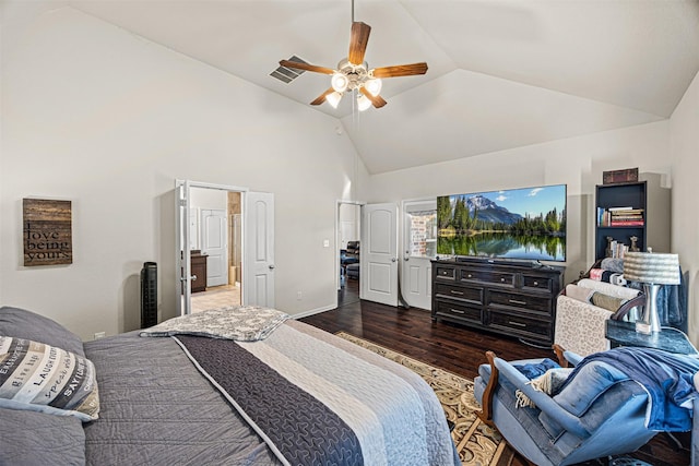 bedroom with visible vents, high vaulted ceiling, a ceiling fan, wood finished floors, and baseboards