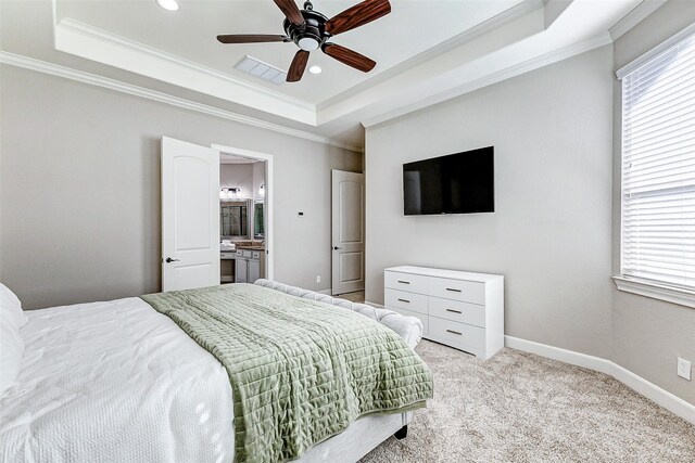 bedroom featuring visible vents, multiple windows, crown molding, and a raised ceiling