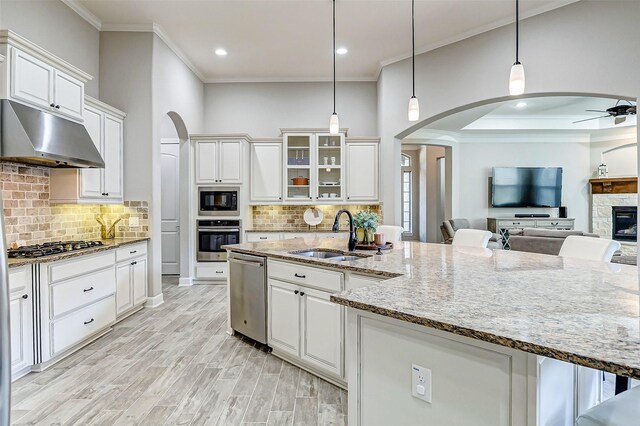 kitchen with under cabinet range hood, appliances with stainless steel finishes, arched walkways, a ceiling fan, and a sink