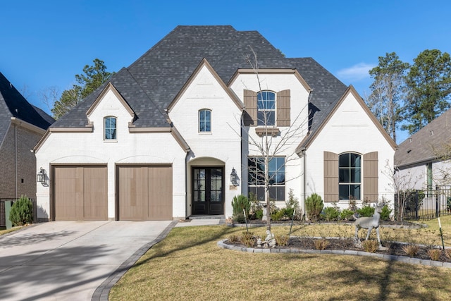 french country style house featuring driveway, fence, french doors, a shingled roof, and brick siding