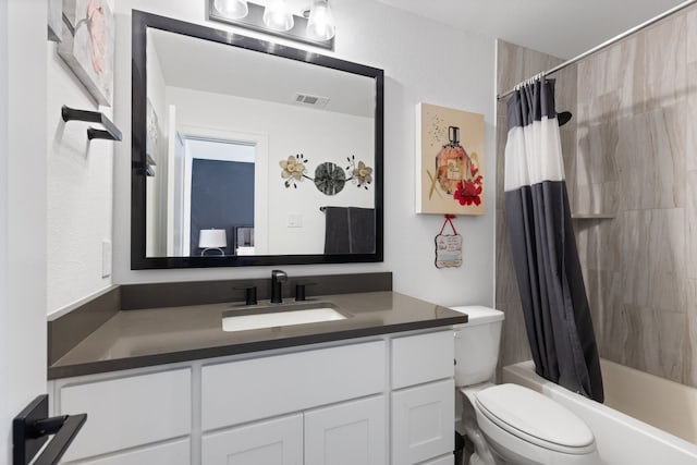 bathroom with visible vents, shower / bath combination with curtain, toilet, and vanity