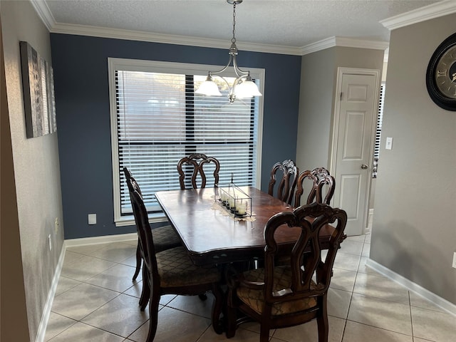 dining room with crown molding, baseboards, light tile patterned flooring, a notable chandelier, and a textured ceiling