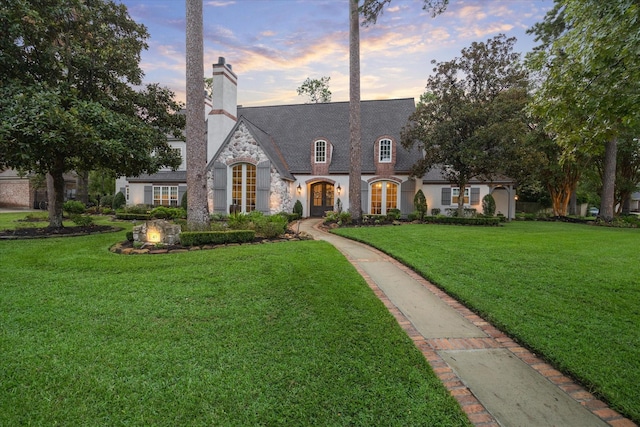 french country home with stucco siding, stone siding, a chimney, and a front yard