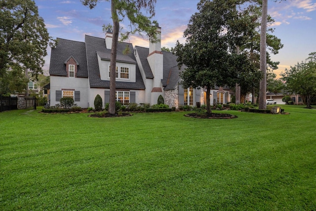 view of front of property with stucco siding, a chimney, a front lawn, and fence