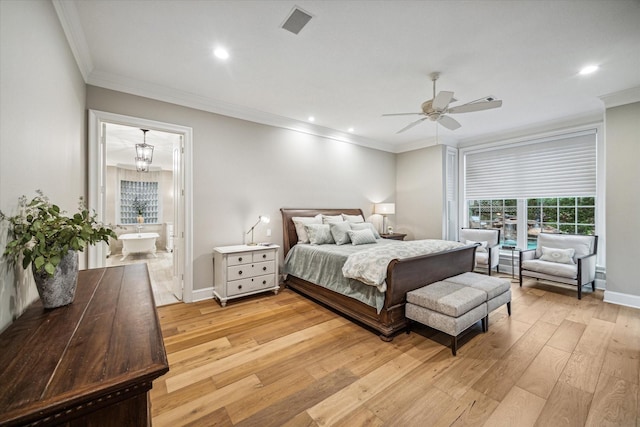 bedroom featuring baseboards, light wood-type flooring, and ornamental molding