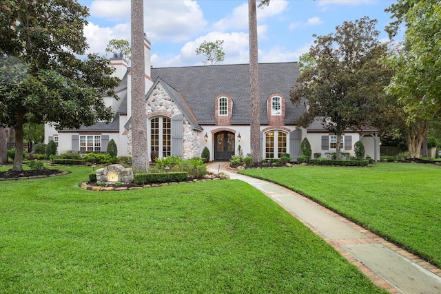 french country style house with stone siding, french doors, a shingled roof, and a front yard