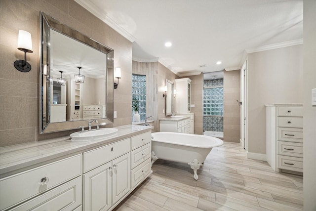 bathroom featuring a walk in shower, crown molding, and a sink