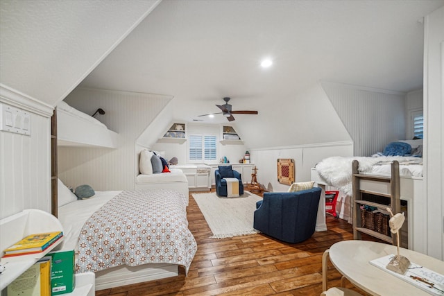 bedroom featuring recessed lighting, a ceiling fan, and hardwood / wood-style flooring