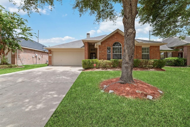 single story home featuring a front lawn, brick siding, and a chimney