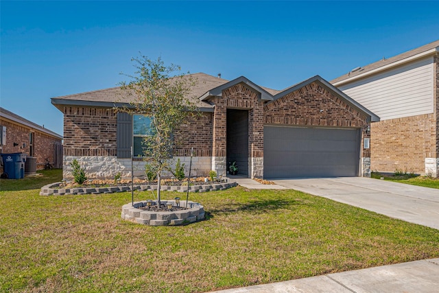 ranch-style home featuring brick siding, an attached garage, concrete driveway, and a front yard