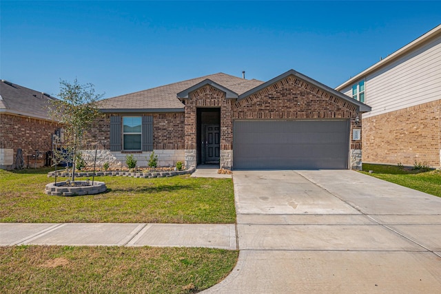 ranch-style home featuring brick siding, a front lawn, concrete driveway, a garage, and stone siding