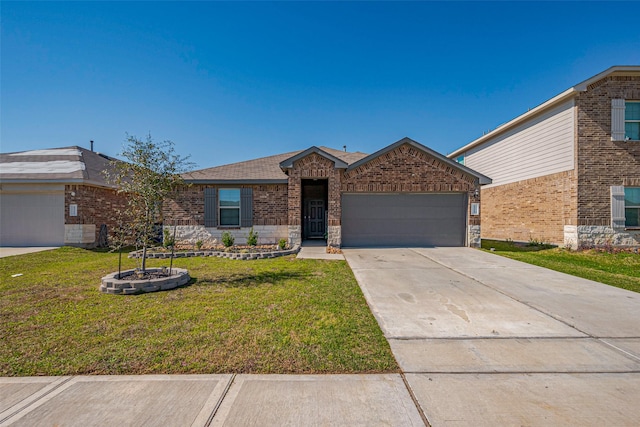 view of front facade with a front yard, driveway, stone siding, a garage, and brick siding