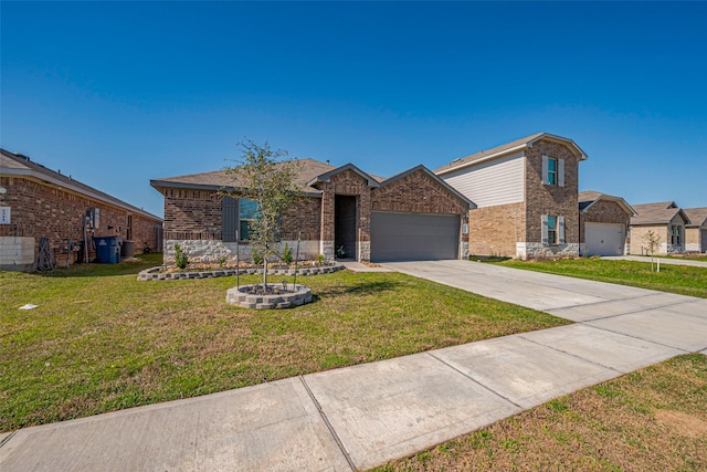 view of front of property with brick siding, an attached garage, concrete driveway, and a front lawn