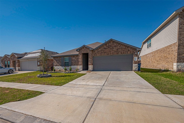 ranch-style house with driveway, a front lawn, stone siding, a garage, and brick siding