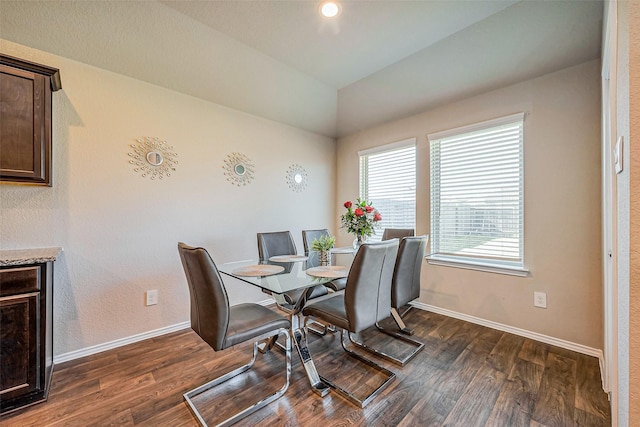 dining room featuring dark wood finished floors, lofted ceiling, and baseboards