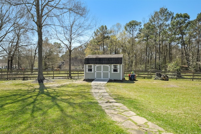 view of shed with a fenced backyard