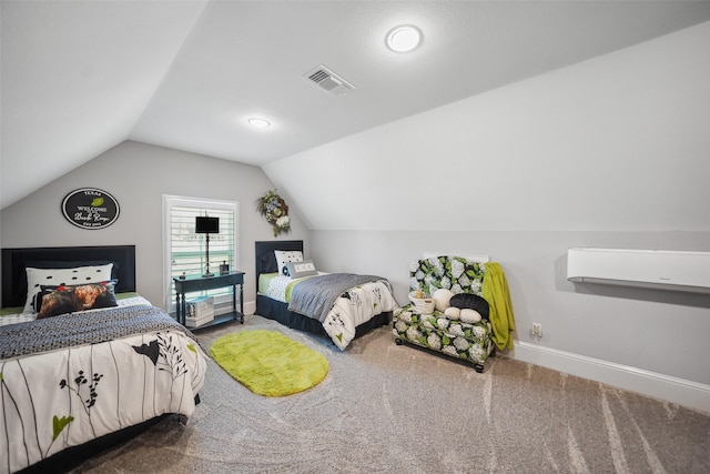 bedroom with baseboards, visible vents, carpet floors, and lofted ceiling