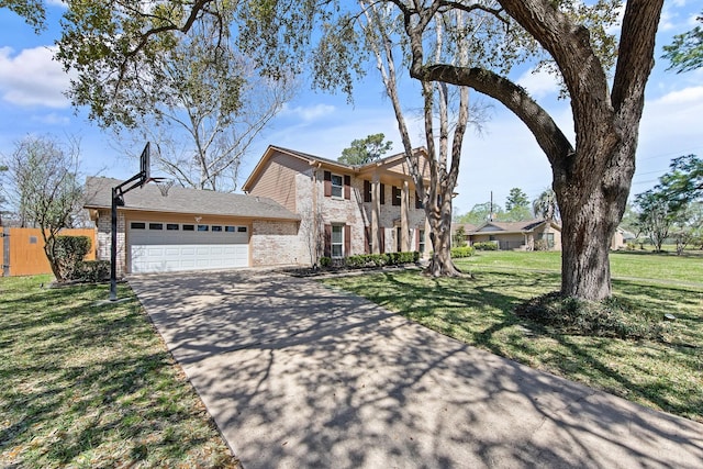 view of front facade with driveway, a front lawn, fence, an attached garage, and brick siding