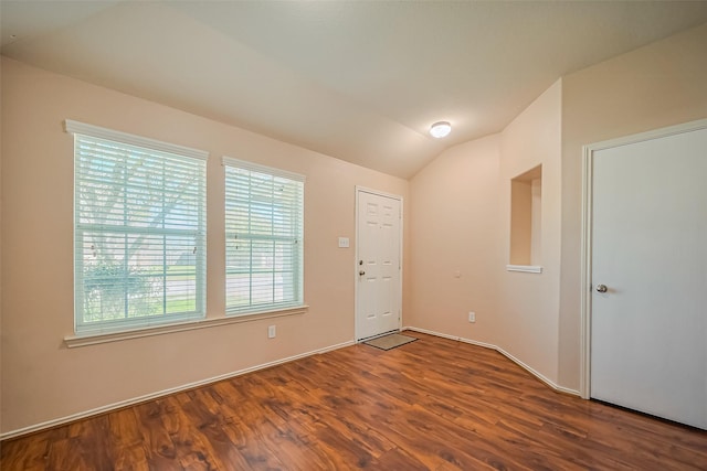 entrance foyer with lofted ceiling and wood finished floors