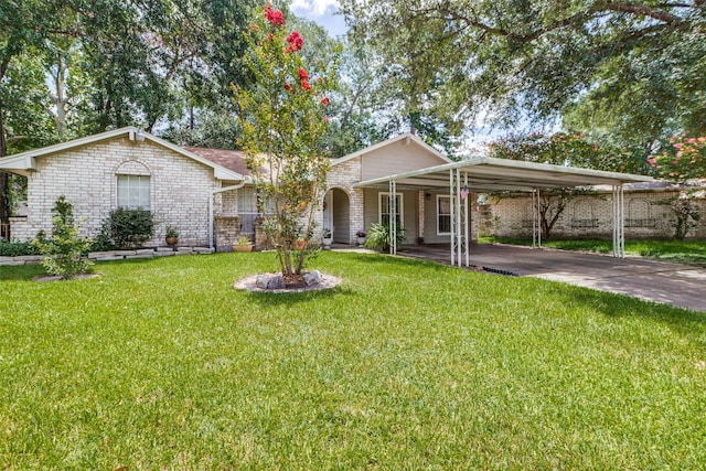 single story home featuring brick siding, driveway, and a front lawn