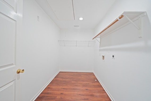 walk in closet featuring attic access and wood finished floors