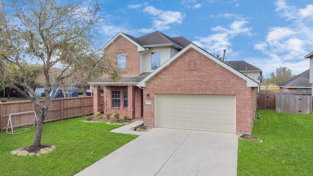 traditional-style home with brick siding, concrete driveway, a front lawn, and fence